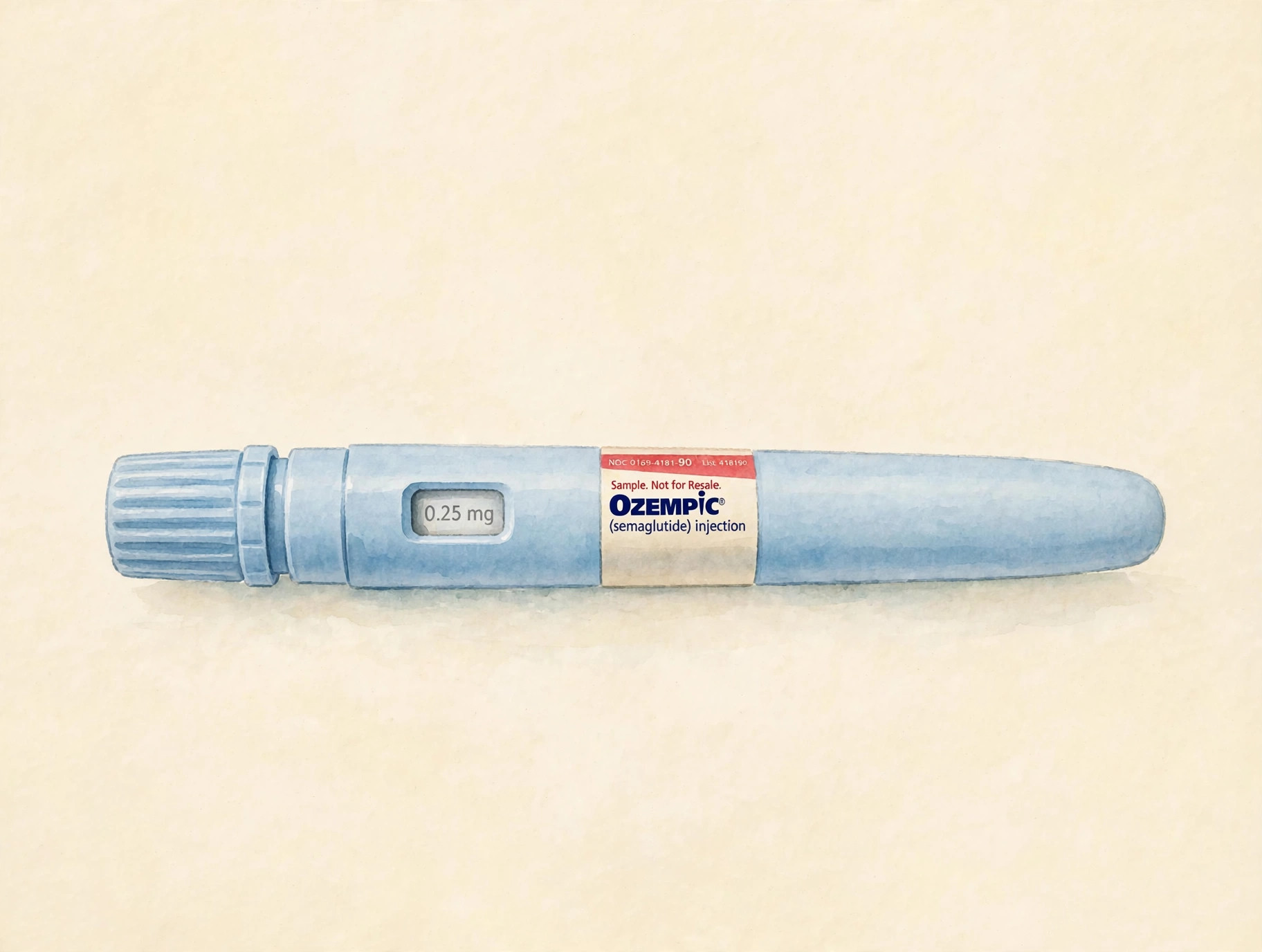 Illustration of a blue dial pen labeled Ozempic