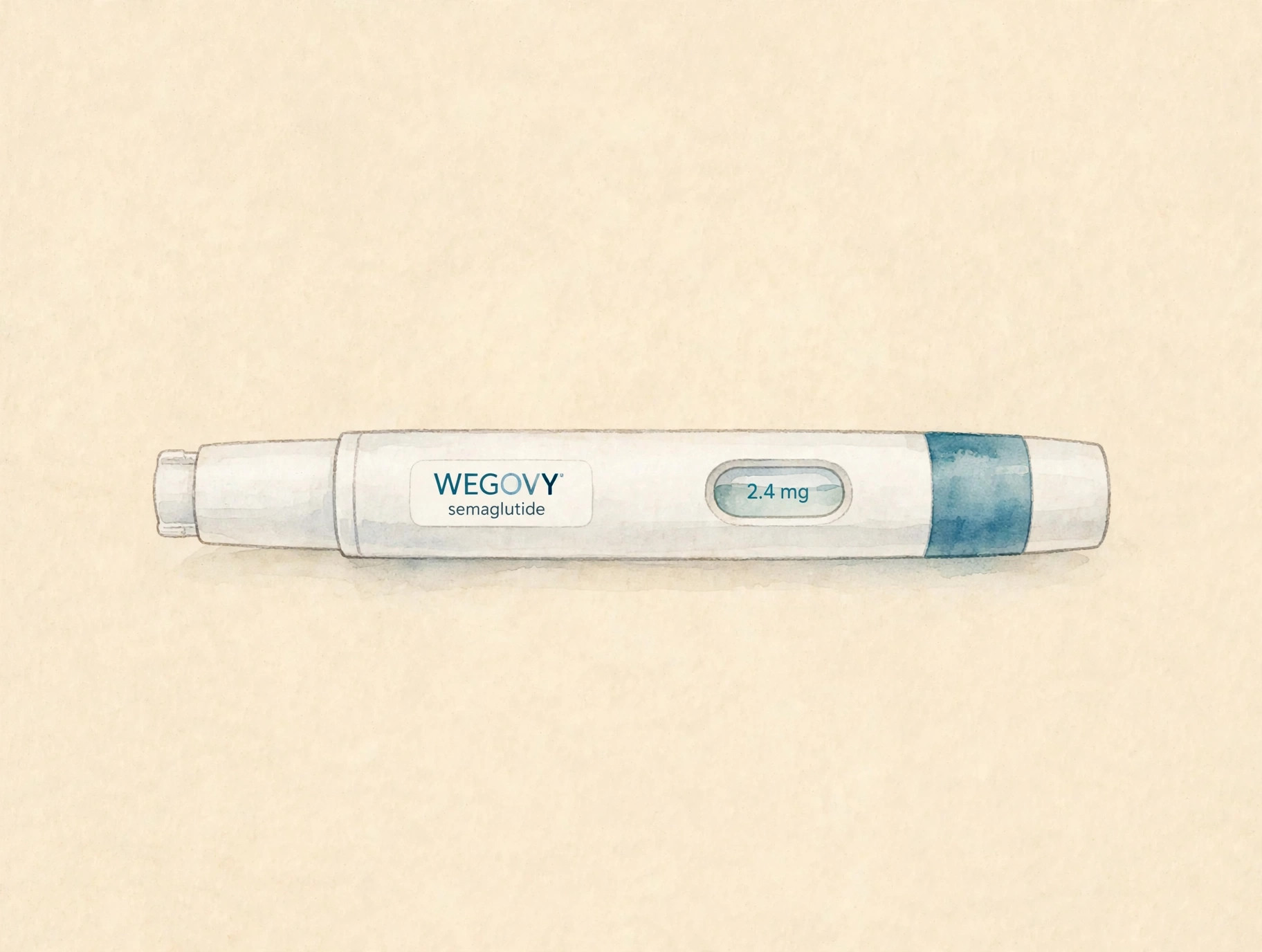 Illustration of a white auto-injector pen labeled Wegovy