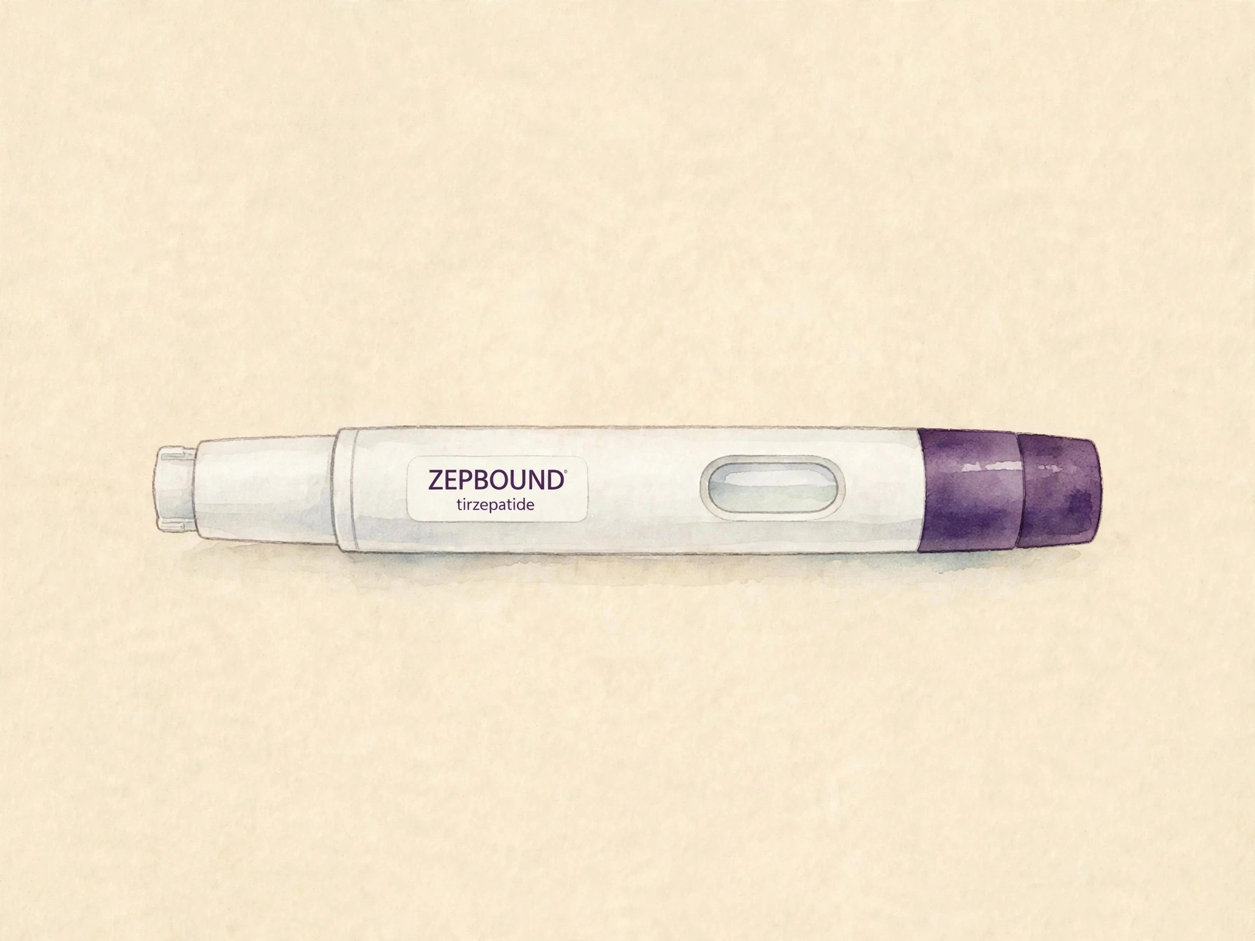 Illustration of a white auto-injector pen labeled Zepbound